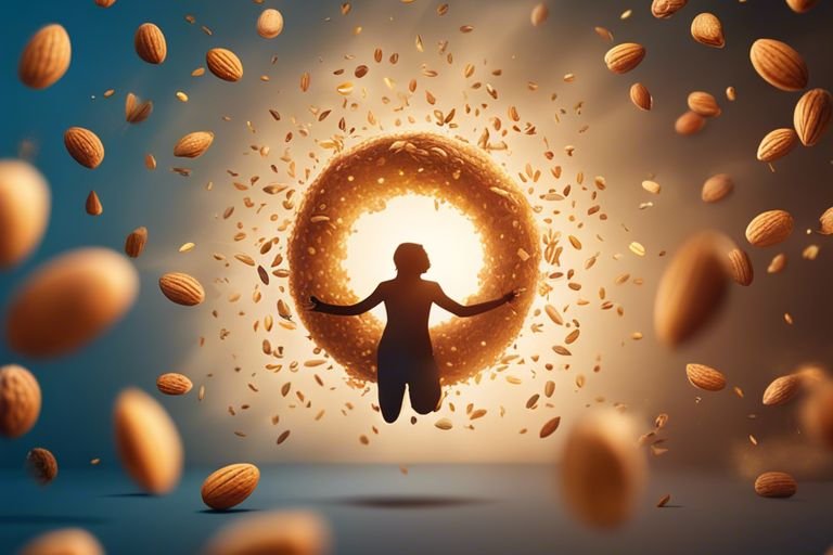 a person jumping in the air with almonds